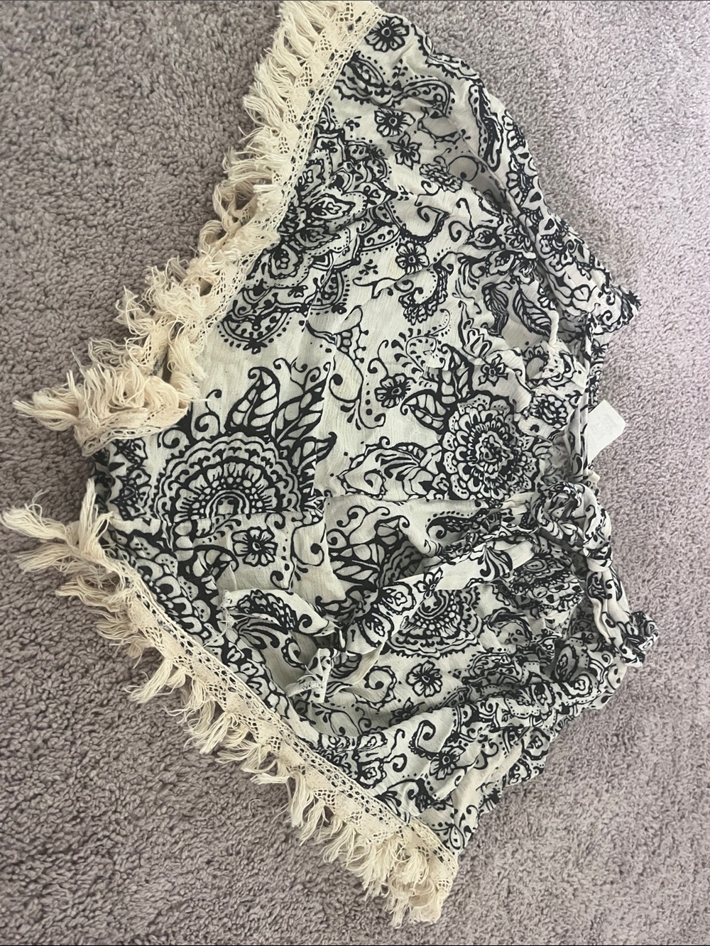 Boho Black and Cream Decorative Fringe shorts.